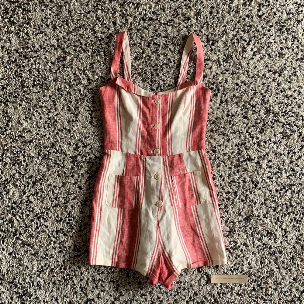 Reformation Women’s 100% Linen Coconut Cuba Stripe Button Down Romper Size 8